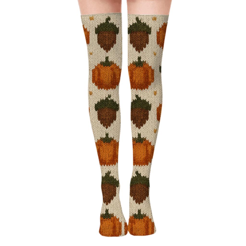 Knitted Pumpkin And Acorn Fair Isle On Creamy Beige Background designer print over-the-knee socks