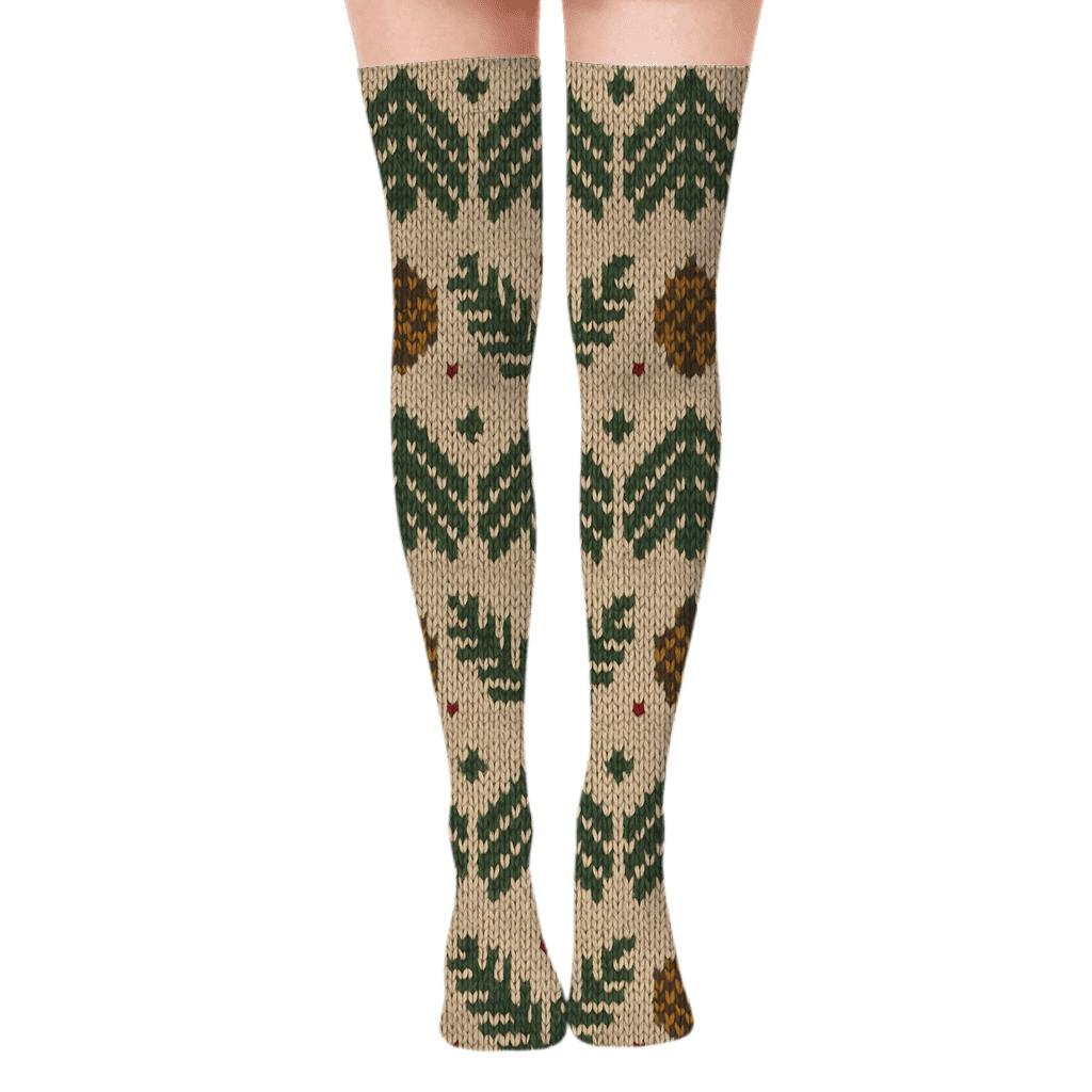 Scandinavian Knit Bands, Evergreen Branches Edition unique graphic over-the-knee socks