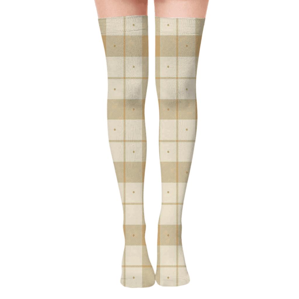 Sand And Cream Gingham Blocks With Stripe Overlays And Dot Centers unique graphic over-the-knee socks