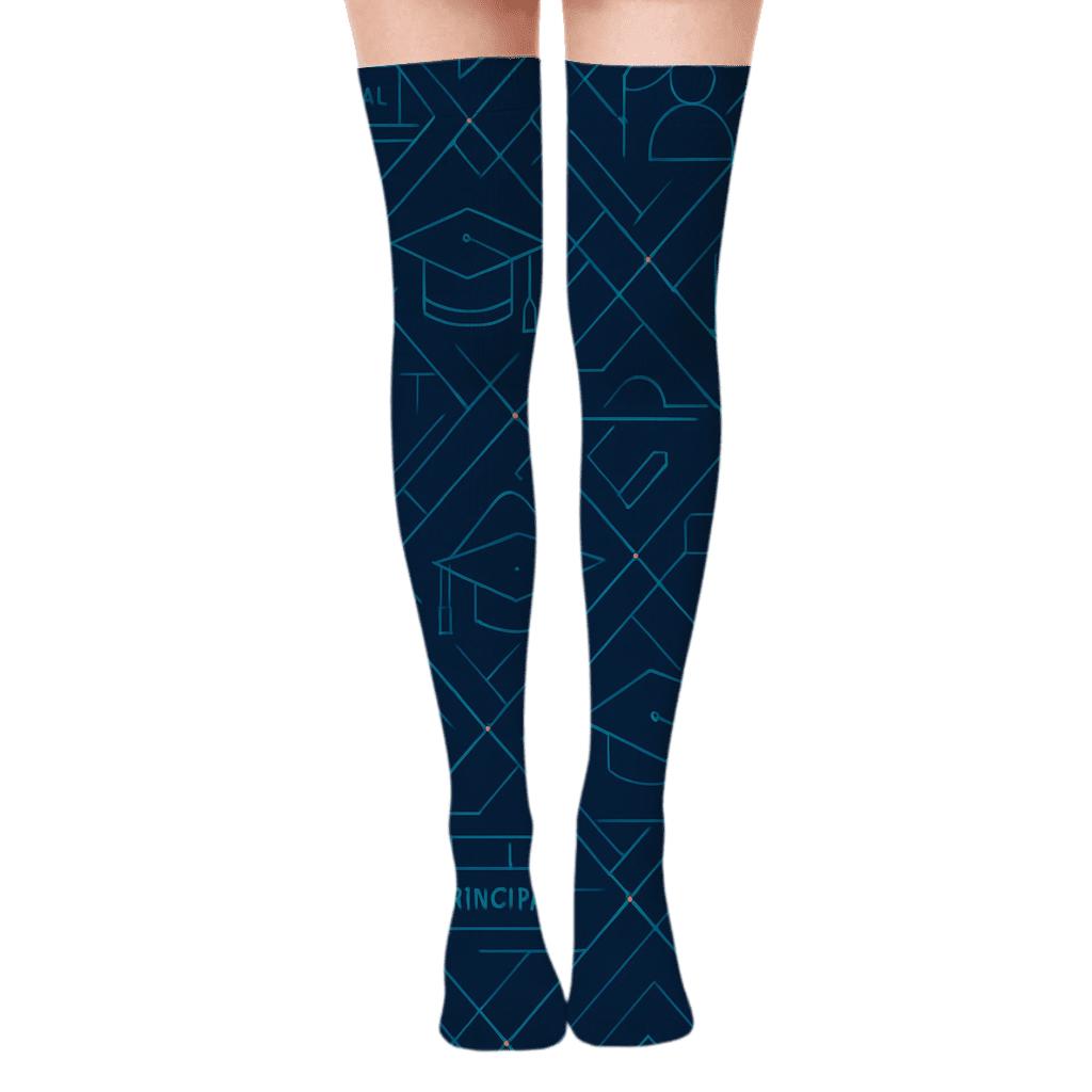 School Principal Lattice On Navy Blueprint Field designer print over-the-knee socks