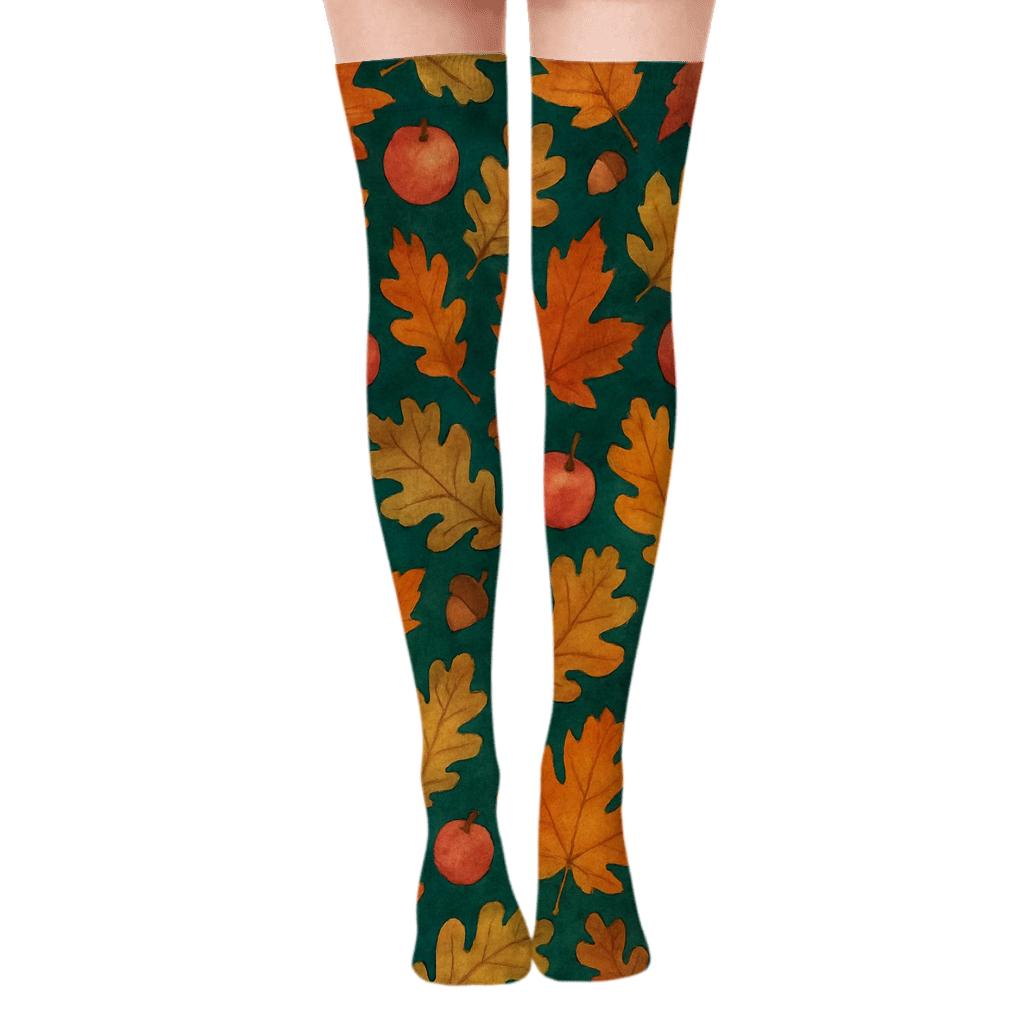 Watercolor Leaf And Apple Diagonal Drift On Deep Teal Background designer print over-the-knee socks