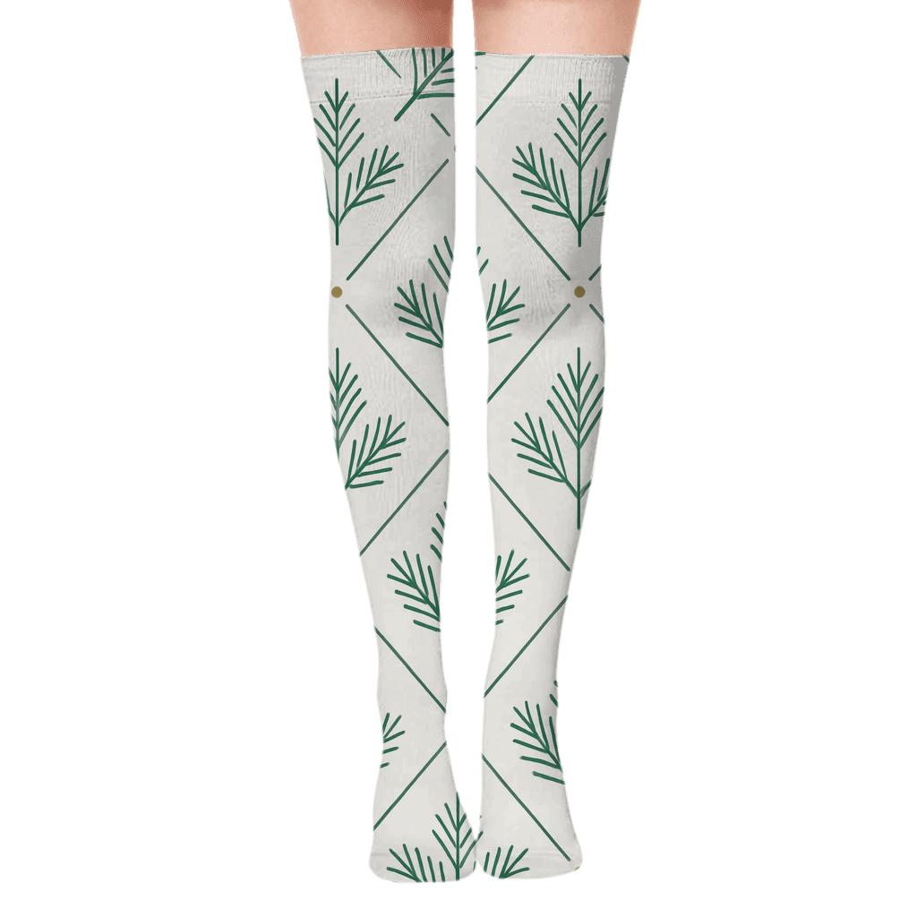 Fir Needle Lattice With Evergreen Branches Interior designer print over-the-knee socks