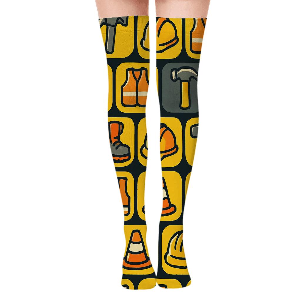 Construction Yellow Tool Icons Construction Worker Grid premium cozy over-the-knee socks