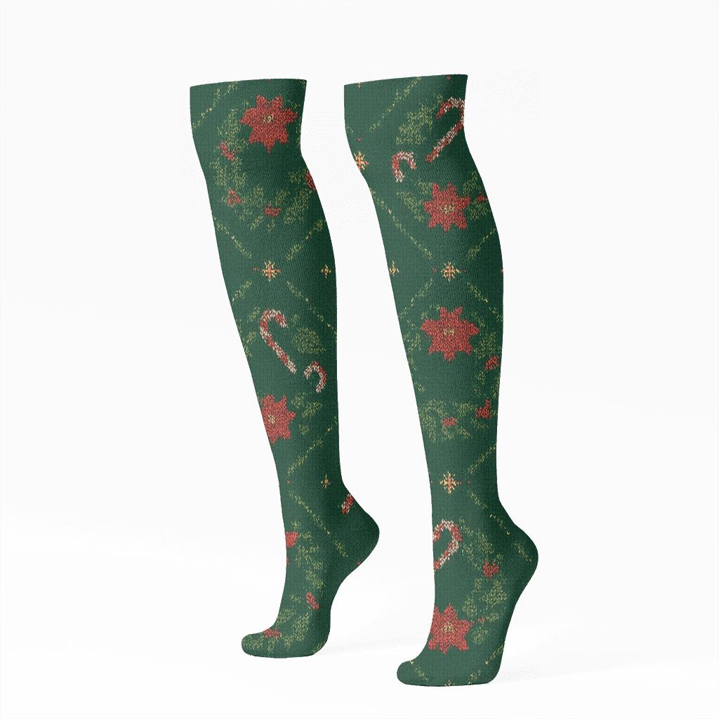 Embroidered Poinsettia Wreath Lattice On Pine Green Background comfortable cotton knee-high socks