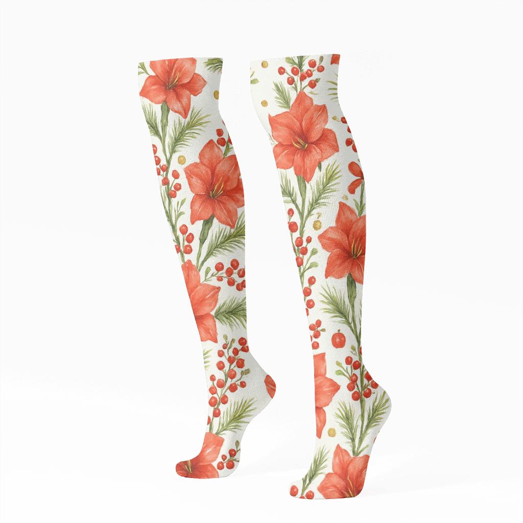 Watercolor Amaryllis And Pine Garland Stripe Repeat On Snow White Background premium sports knee-high socks