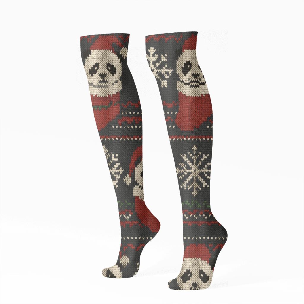 Knitted Panda Stocking Fair Isle Bands On Charcoal Background comfortable cotton knee-high socks