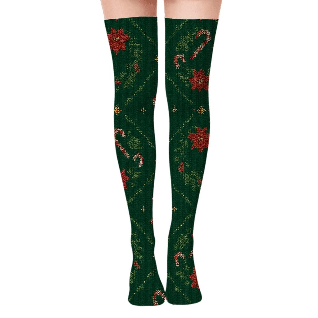 Embroidered Poinsettia Wreath Lattice On Pine Green Background personalized over-the-knee socks