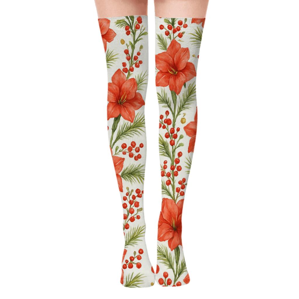 Watercolor Amaryllis And Pine Garland Stripe Repeat On Snow White Background comfortable cotton over-the-knee socks