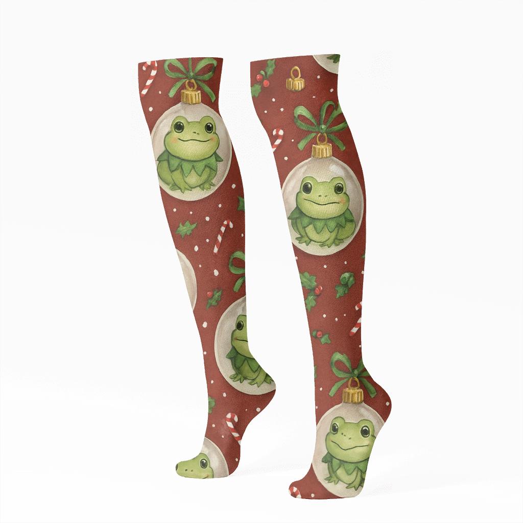 Christmas Tree Frog Ornament Scatter On Deep Red Background trendy patterned knee-high socks