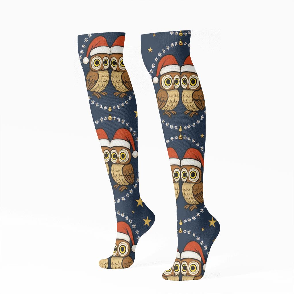Santa Hat Owl Mirror Medallions On Night Sky Background designer print knee-high socks