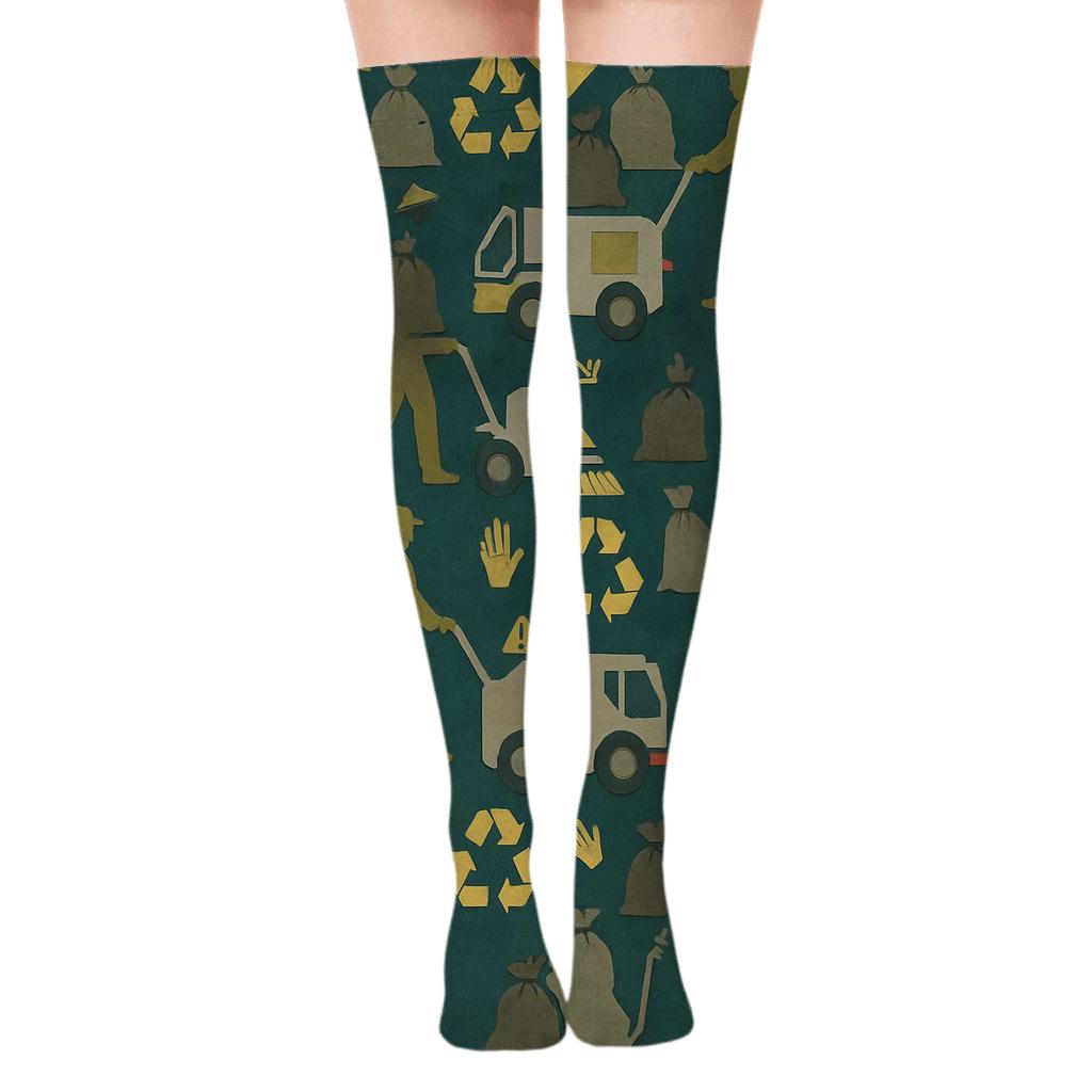 Street Cleaning Collage With Sanitation Worker Tessellation custom over-the-knee socks