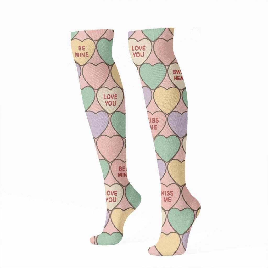Candy Heart Valentine’s Candy Heart Lattice On Pastel Pink comfortable cotton knee-high socks