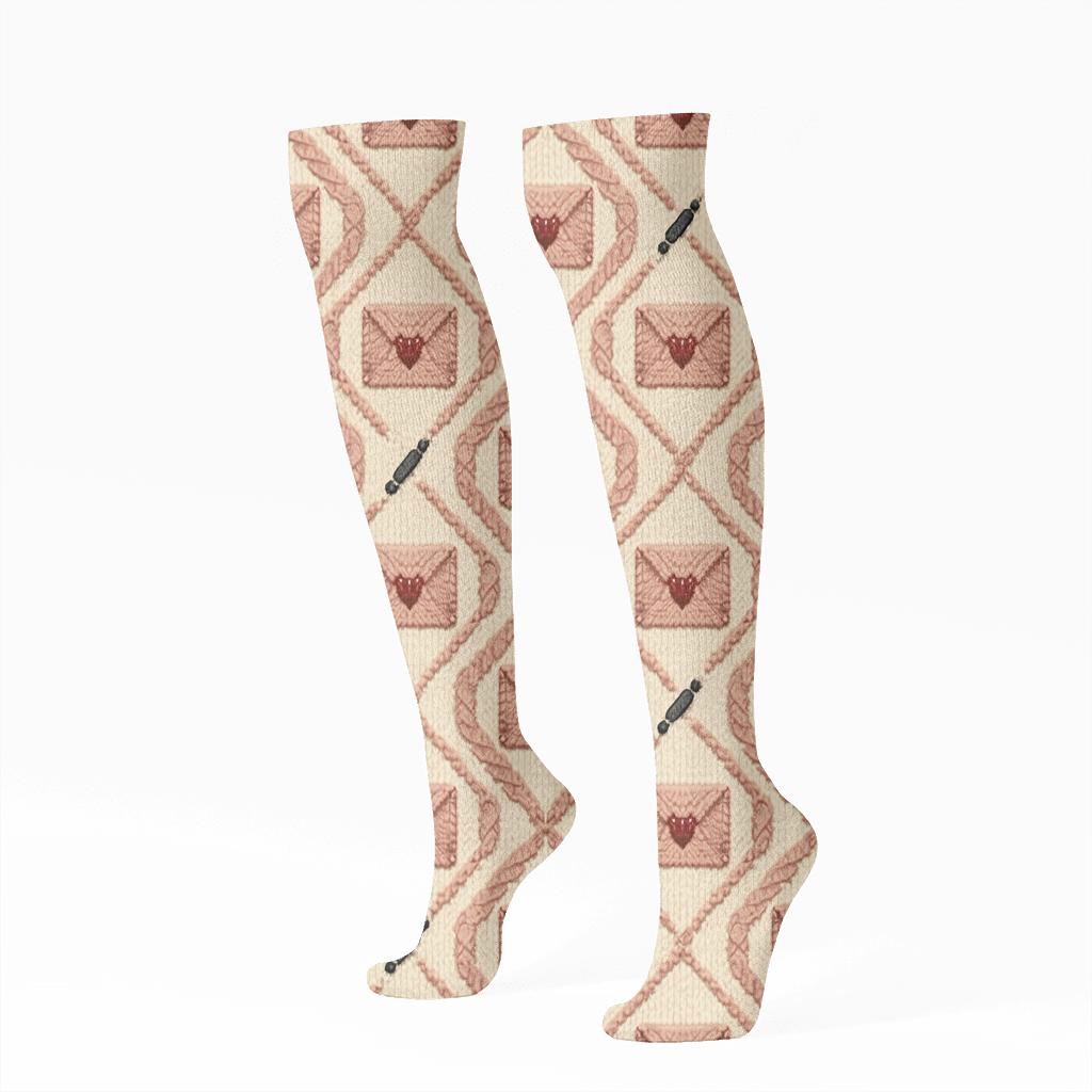 Knitted Illusion Valentines Love Letter Envelope Lattice unique graphic knee-high socks