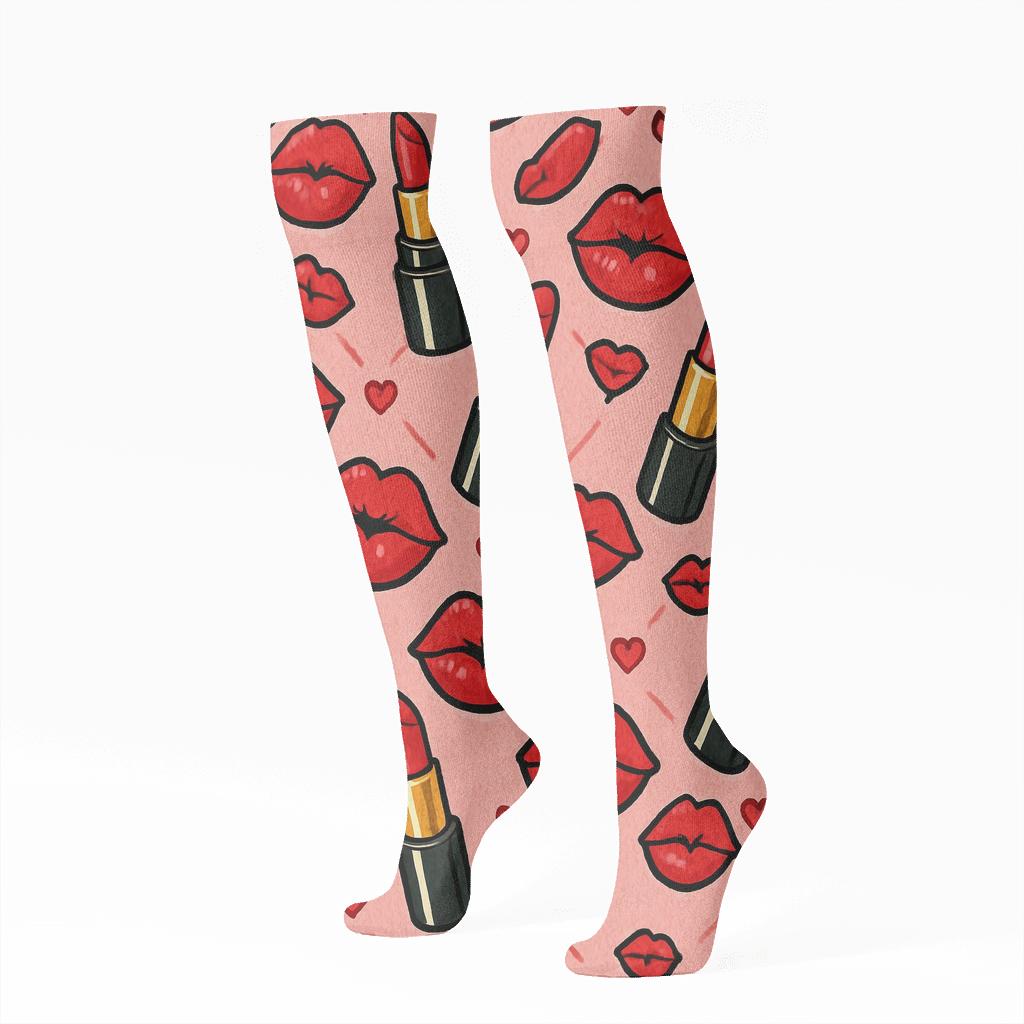 Valentines Lipstick Ribbon Lattice Pattern stylish athletic knee-high socks