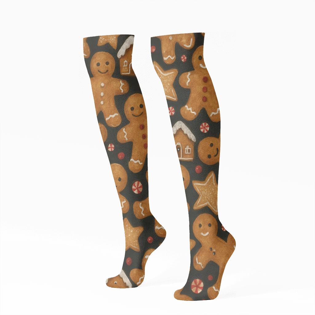 Christmas Gingerbread Tessellation On Charcoal Background premium sports knee-high socks