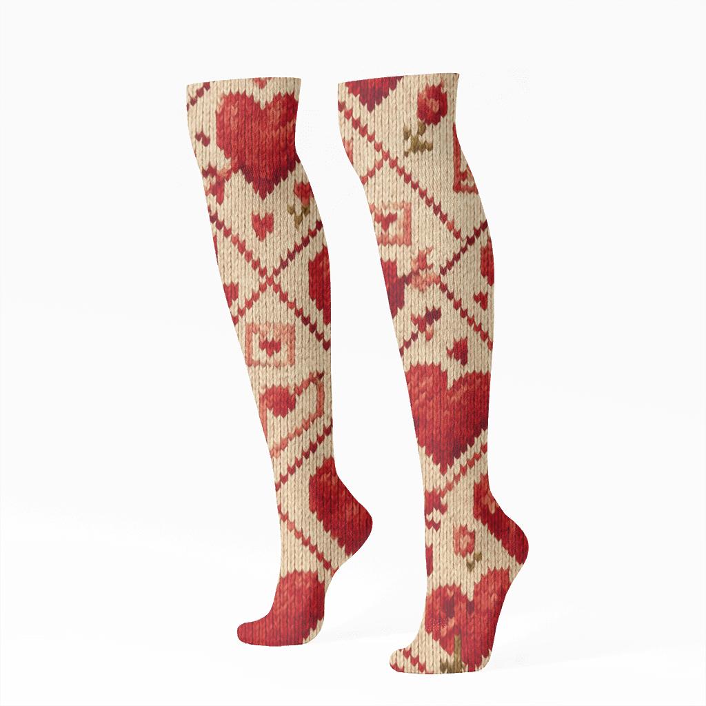 Knitted Illusion Valentine S Heart With Arrow Fair Isle Tiles stylish athletic knee-high socks