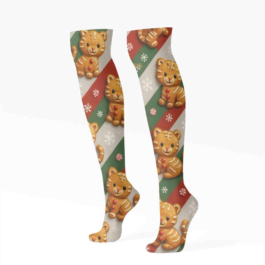 Gingerbread Tiger Diagonal Stripe Repeat On Light Gray Background soft everyday knee-high socks