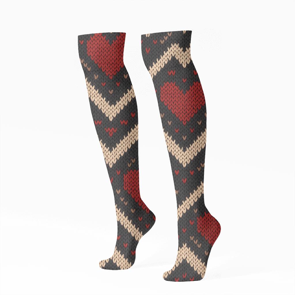 Valentines Classic Heart Knit Illusion Chevron Field unique graphic knee-high socks