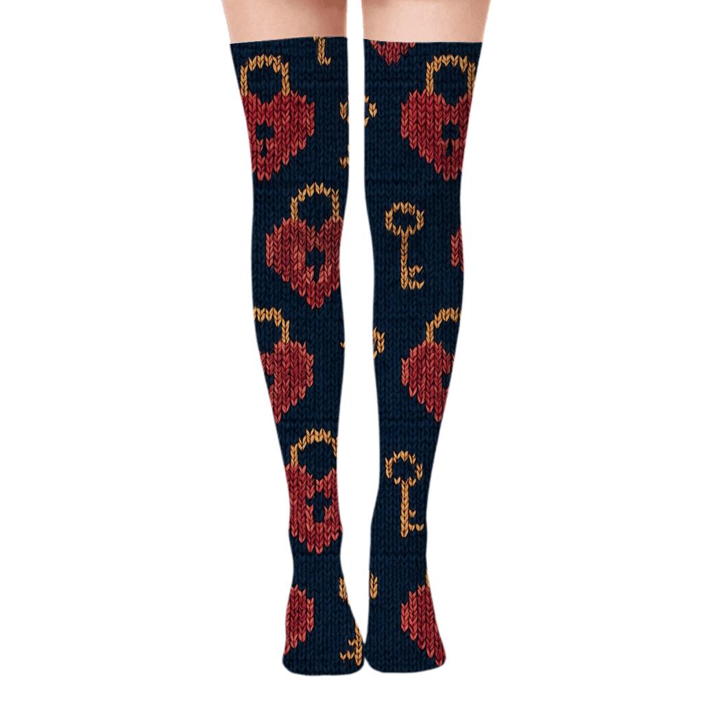 Knitted Illusion Valentines Heartshaped Lock And Key Jacquard Tiles trendy patterned over-the-knee socks