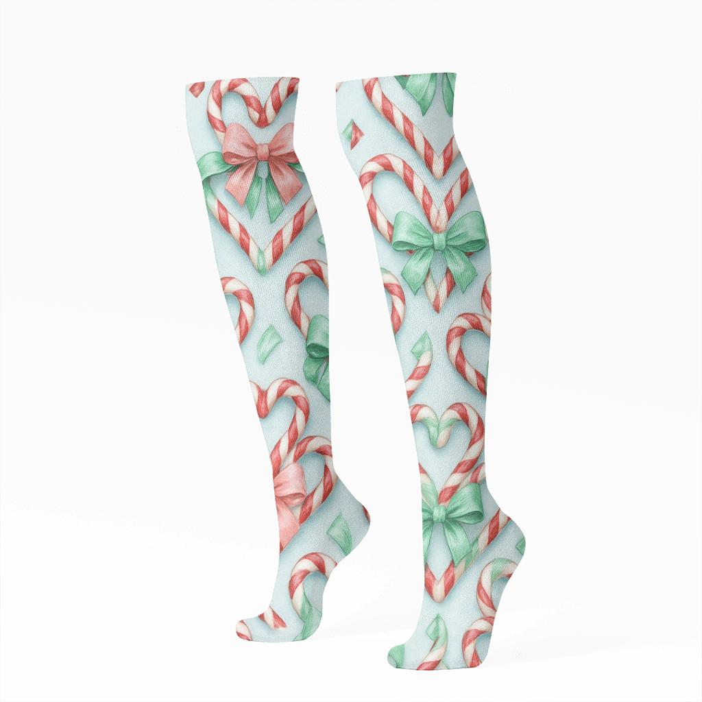 Candy Cane Hearts With Candy Canes In Radial Tiles trendy patterned knee-high socks
