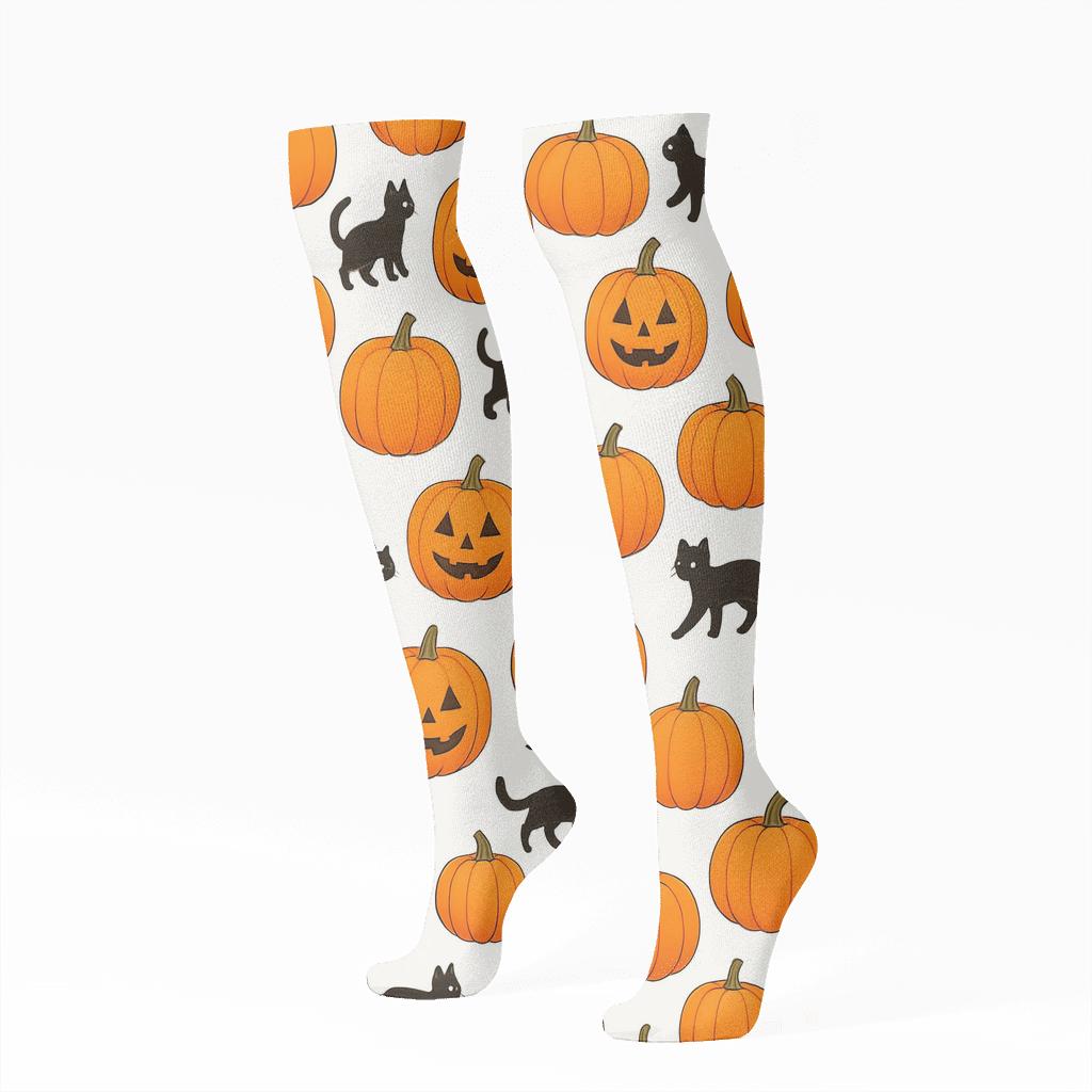 Orange Pumpkin Patch Scatter With Black Cats On White Background unique graphic knee-high socks