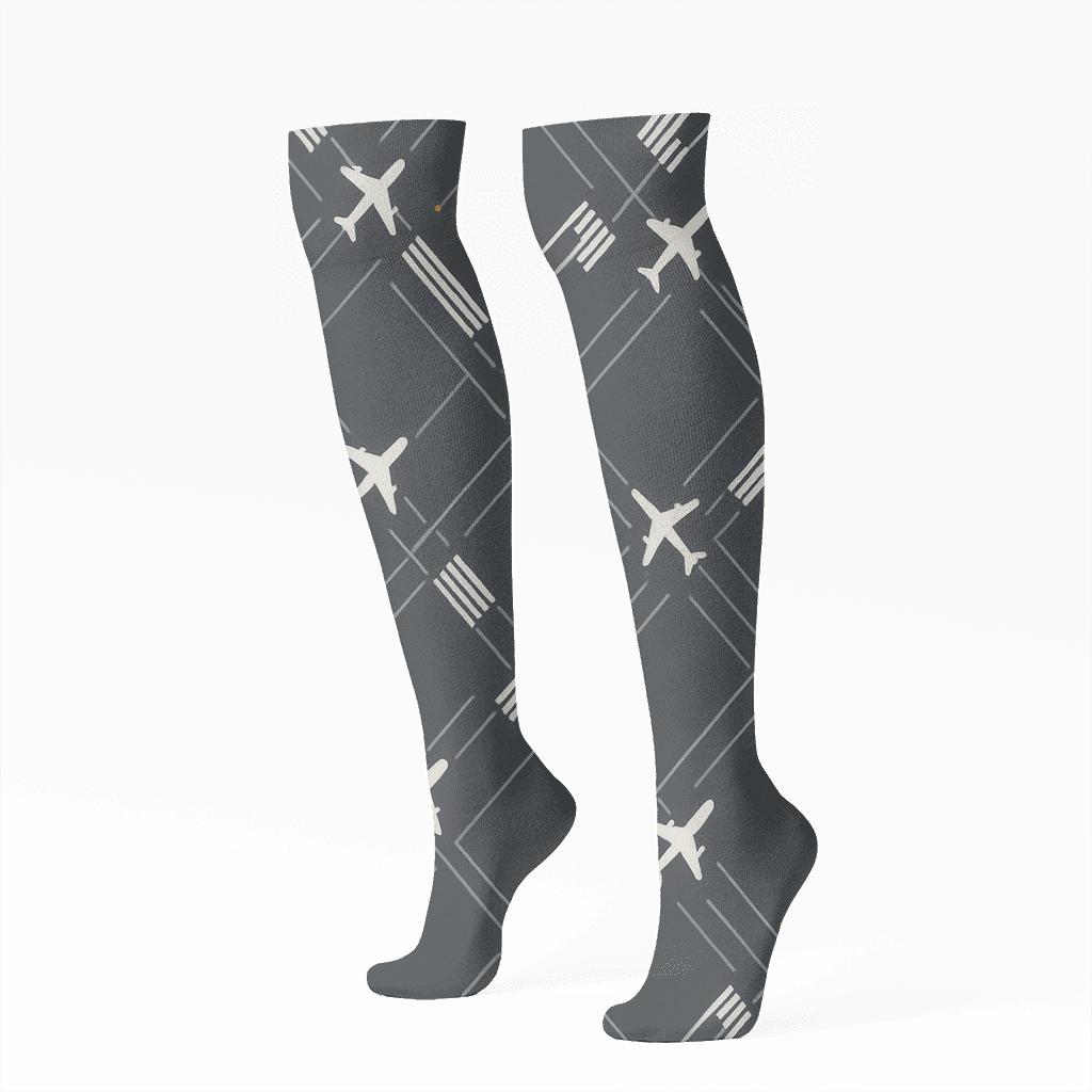 Airplane Runway Lattice On Charcoal Ground premium sports knee-high socks