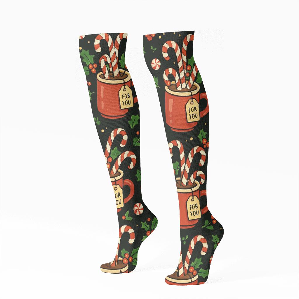 Bold Cartoon Party Pattern, Candy Canes Spotlight Scenes designer print knee-high socks