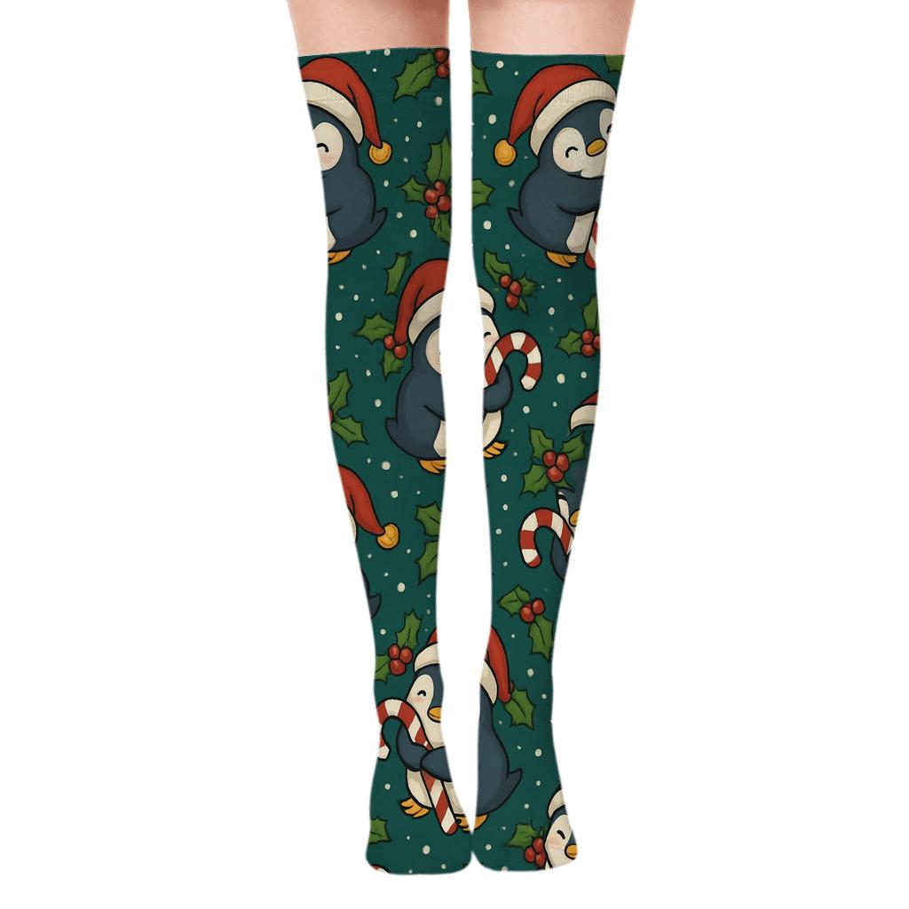 Candy Cane Penguin Spiral Tessellation On Midnight Green Background designer print over-the-knee socks