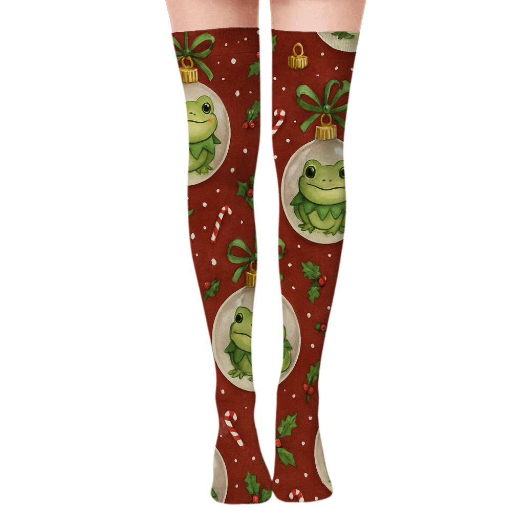 Christmas Tree Frog Ornament Scatter On Deep Red Background soft everyday over-the-knee socks