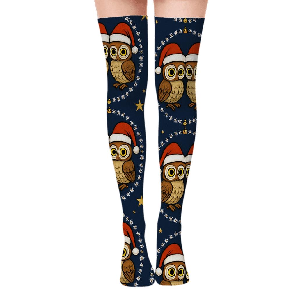 Santa Hat Owl Mirror Medallions On Night Sky Background unique graphic over-the-knee socks