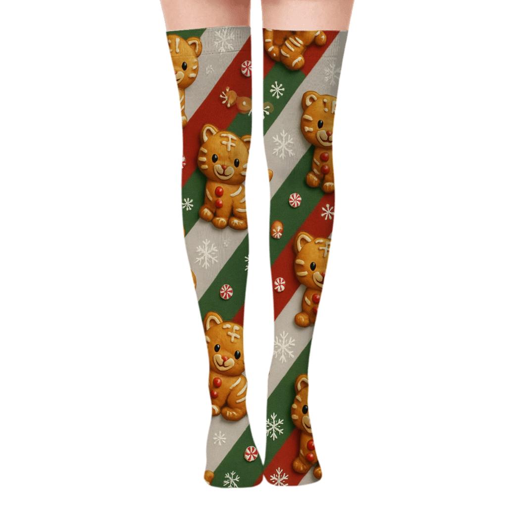 Gingerbread Tiger Diagonal Stripe Repeat On Light Gray Background soft everyday over-the-knee socks