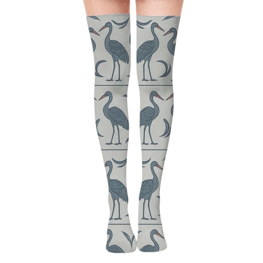 Cranes And Wing Arcs Border Bands On Light Gray Background comfortable cotton over-the-knee socks