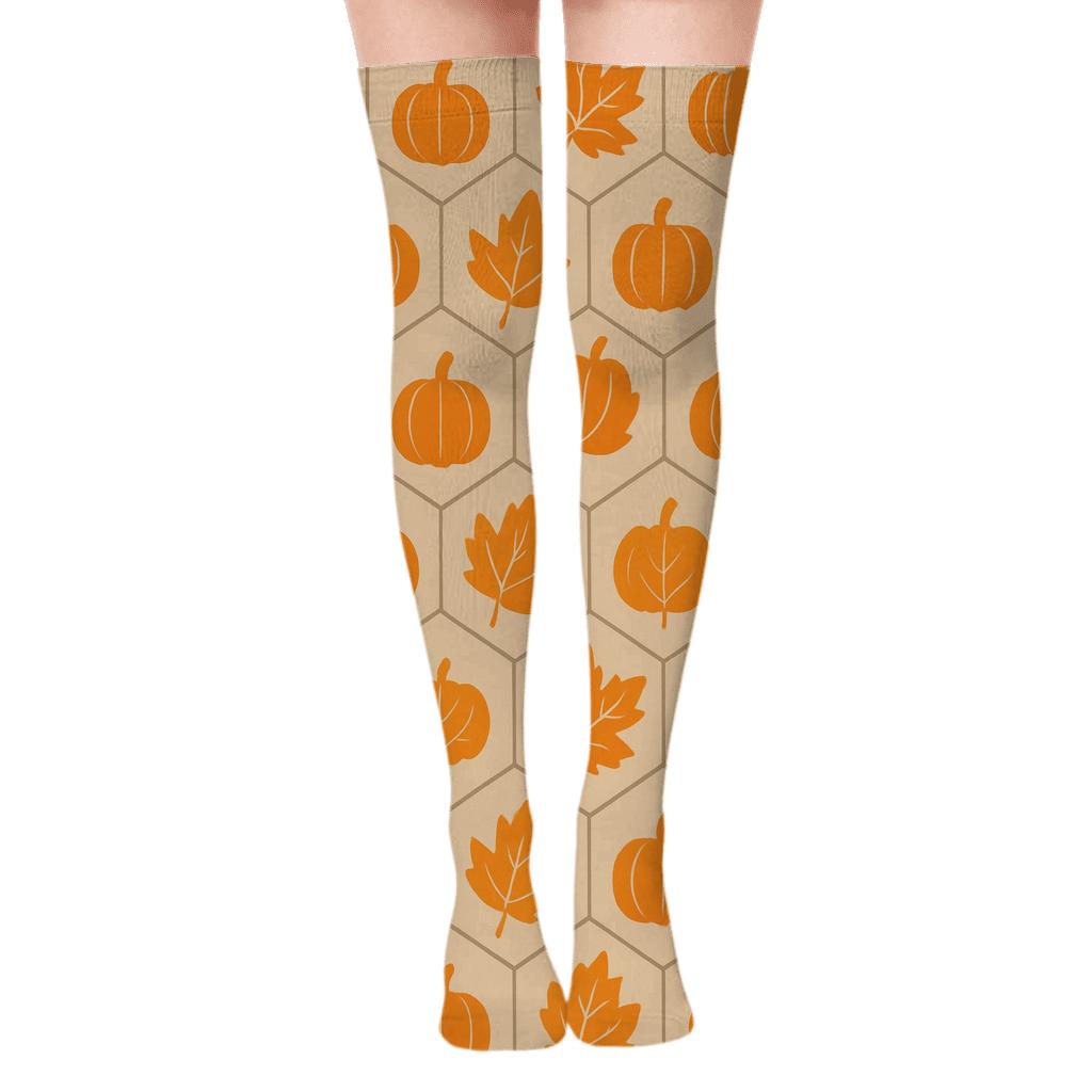 Orange Autumn Leaf And Pumpkin Hex Tiles On Proper Background custom over-the-knee socks