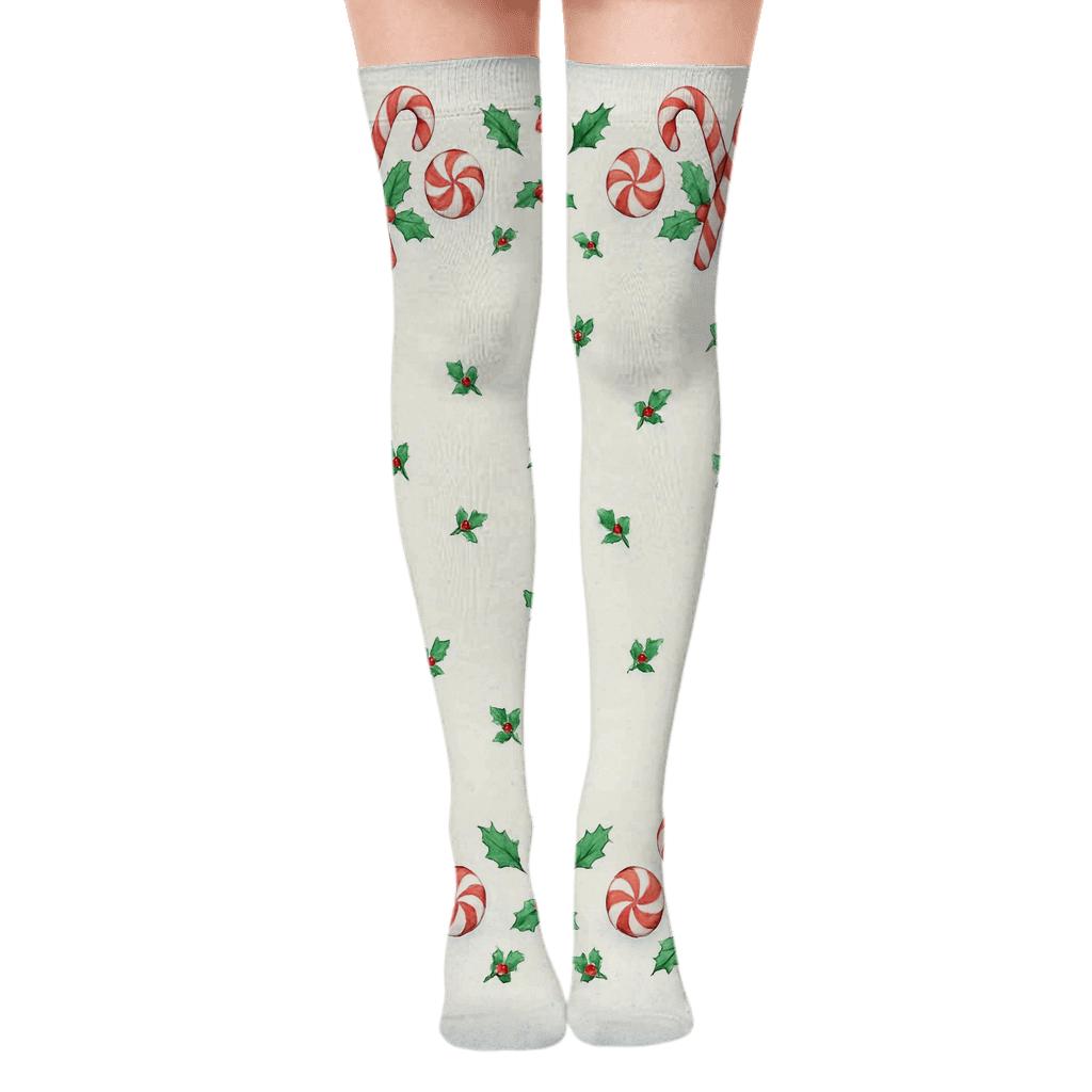 Candy Canes Snowy Vignette Border Wrap Pattern premium cozy over-the-knee socks