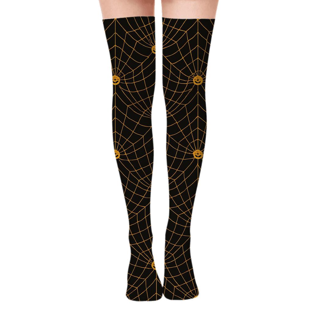 Orange Spider Web Overlay With Jack O Lantern Dots On Black Background soft everyday over-the-knee socks
