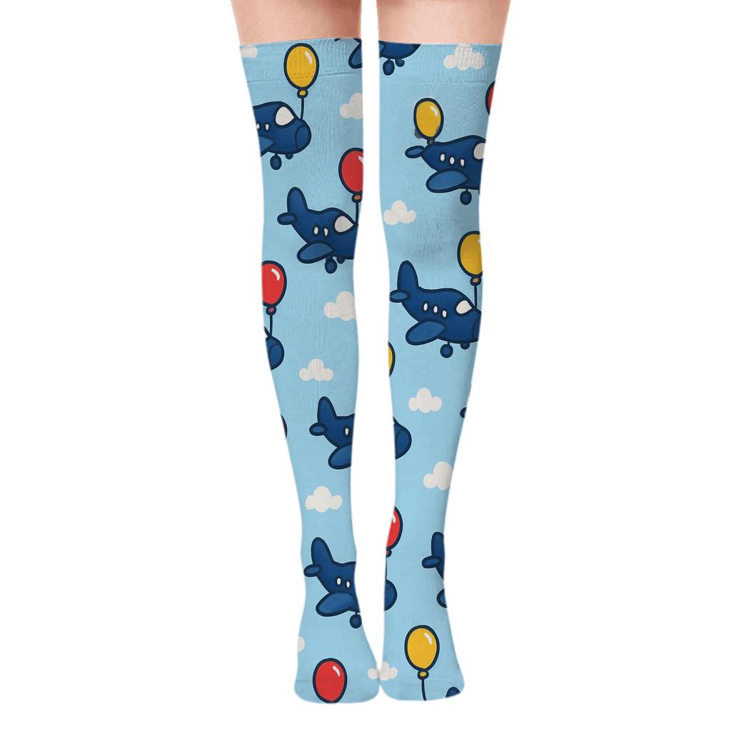 Airplane Balloon Race Playful Diagonal Array premium cozy over-the-knee socks