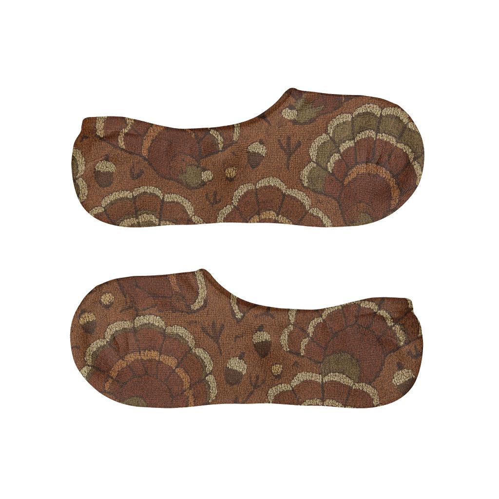 Turkey Feather Lattice On Warm Brown designer printed no-show socks