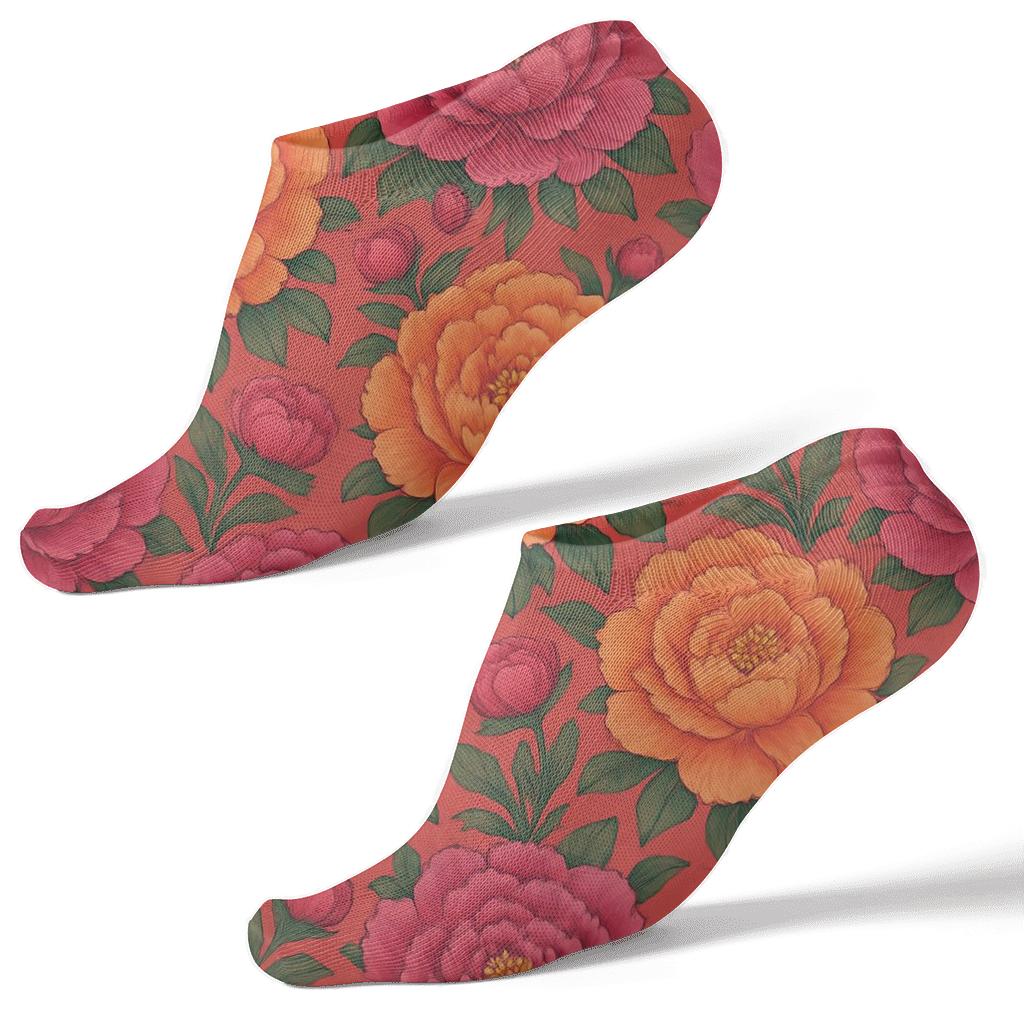 Sunset Peony Medallion Tiles On Deep Coral Background unique graphic ankle socks