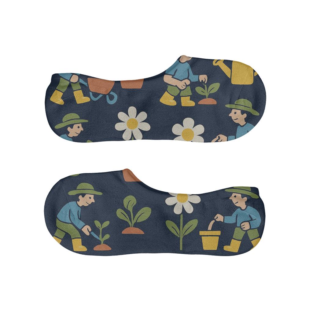 Flower Pot Grid With Gardener Scenes comfortable low-cut socks