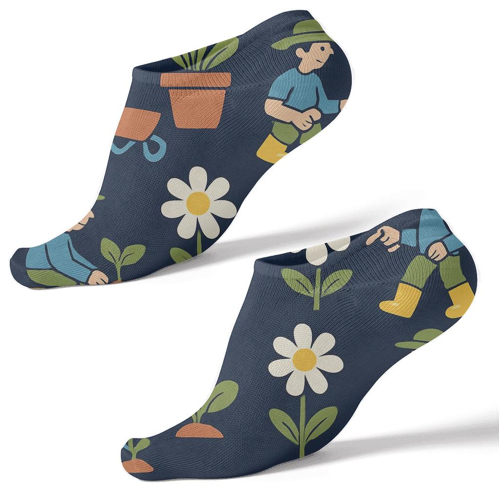 Flower Pot Grid With Gardener Scenes trendy patterned ankle socks