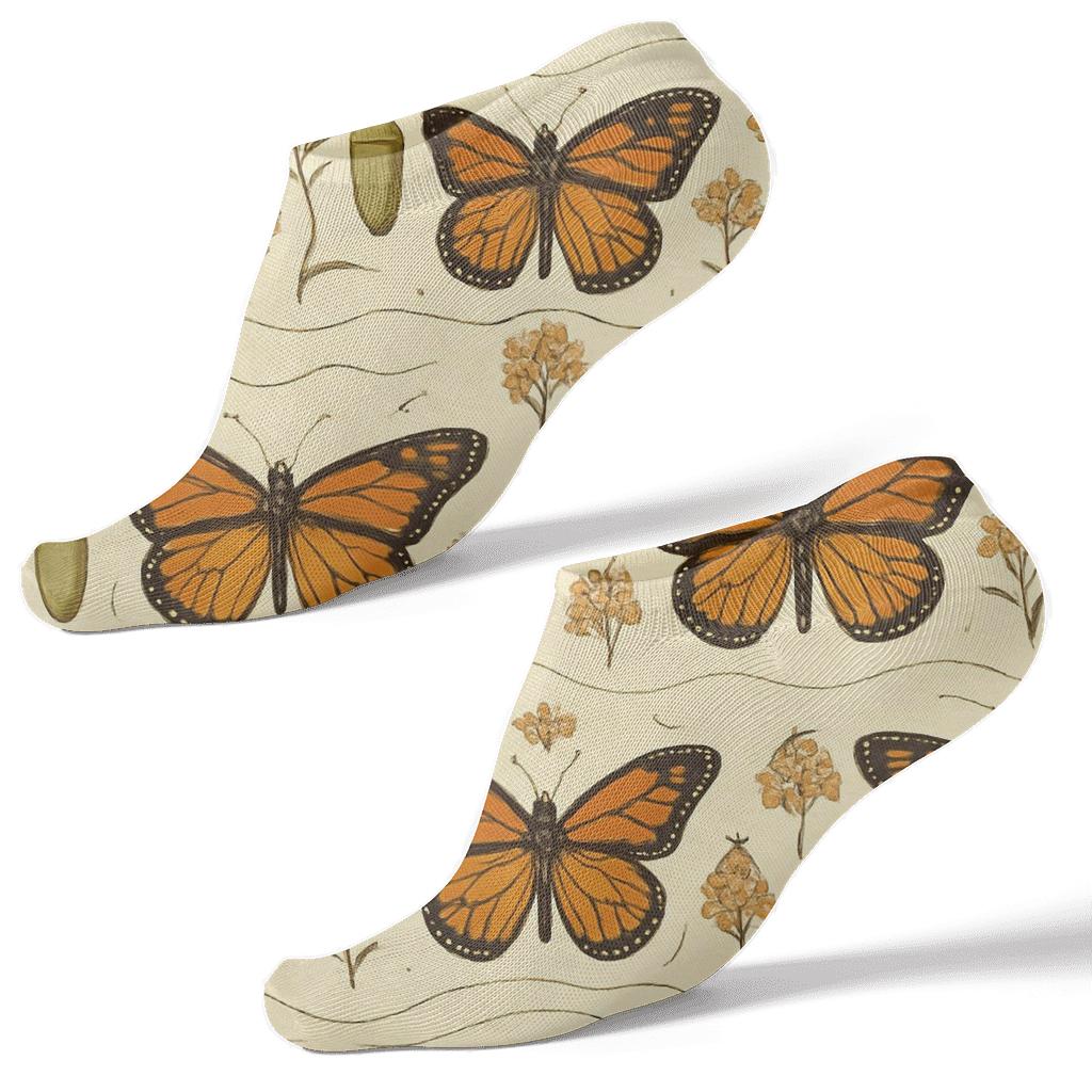 Vintage Monarch Migration Border Parade On Warm Ivory Paper designer print ankle socks