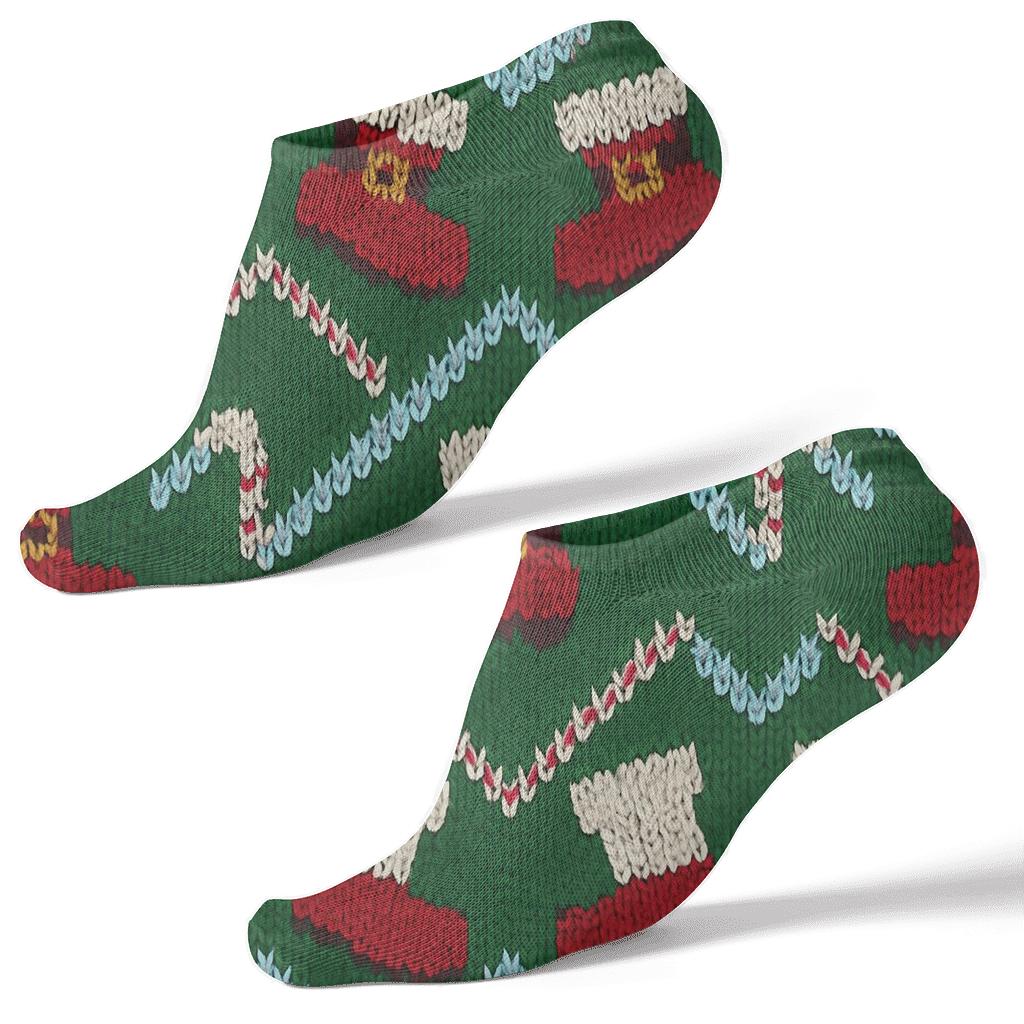 Knit Illusion Santa Claus Boot Chevron on Holly Green Ankle Length Socks