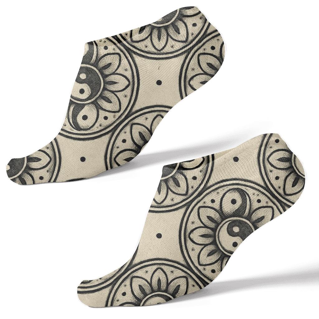 Monochrome Taijitu Mandala Lattice On Ivory unique graphic ankle socks
