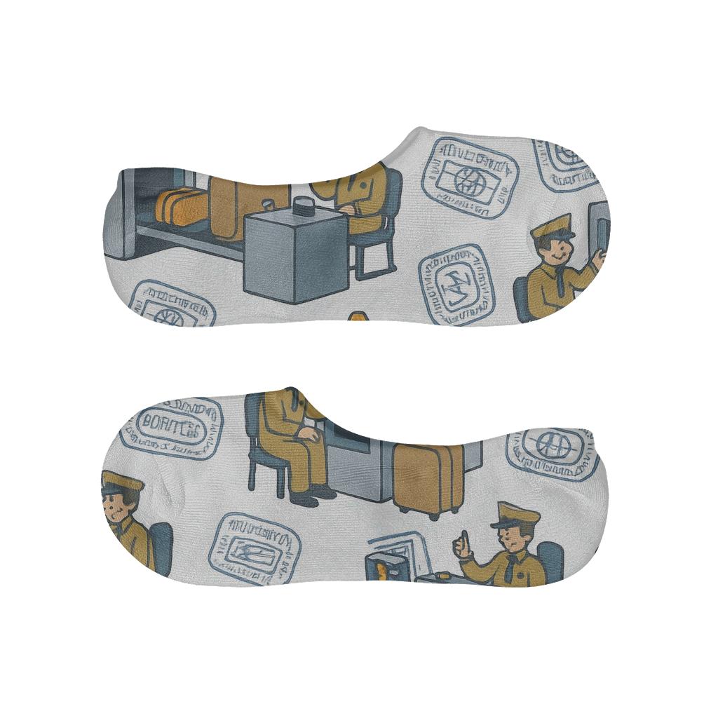 Passport Stamp Chevron Pattern With Customs Officer Scenes custom no-show socks