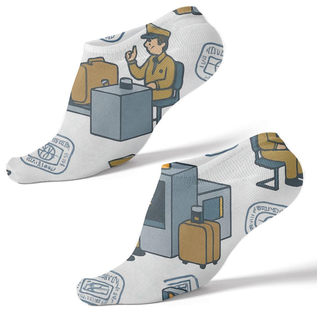 Passport Stamp Chevron Pattern With Customs Officer Scenes premium sports ankle socks