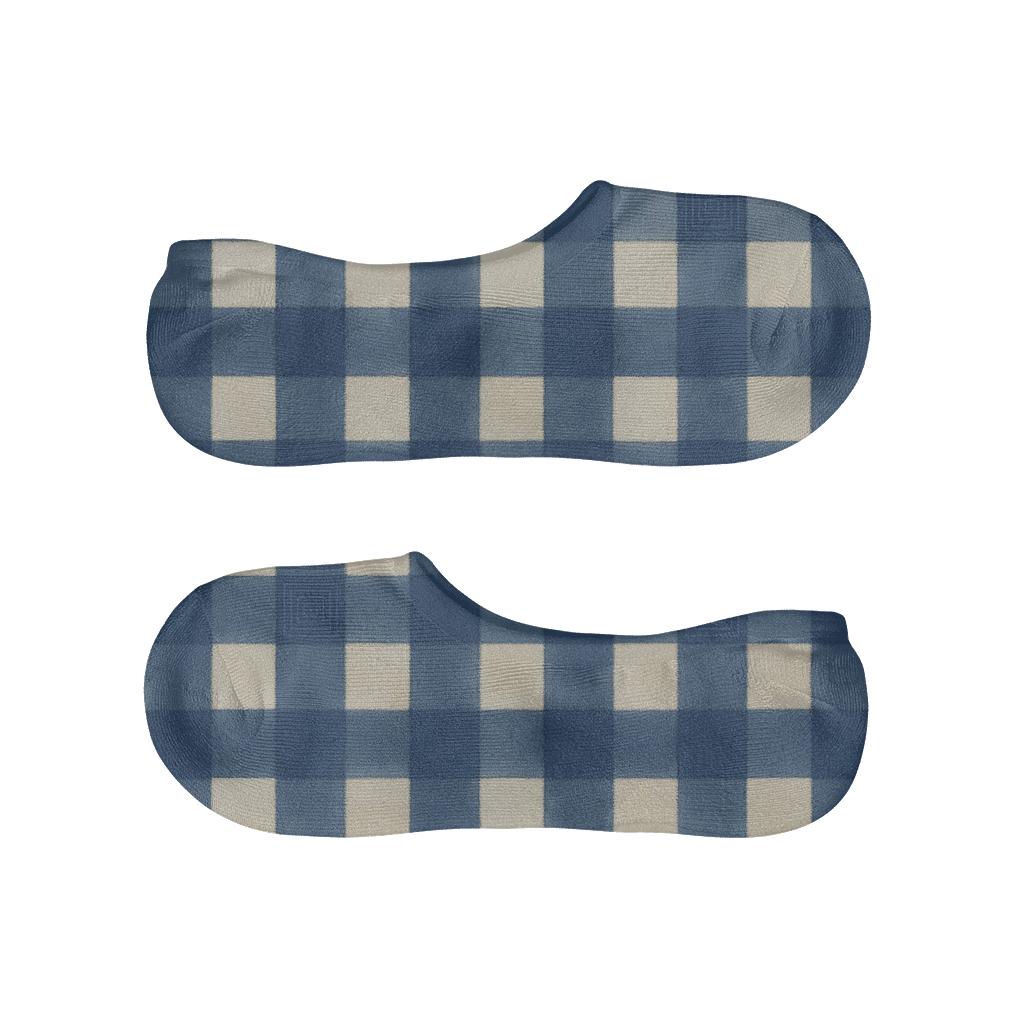 Indigo Gingham Gradient Tiles With Concentric Square Insets On Warm Ivory low cut no-show socks