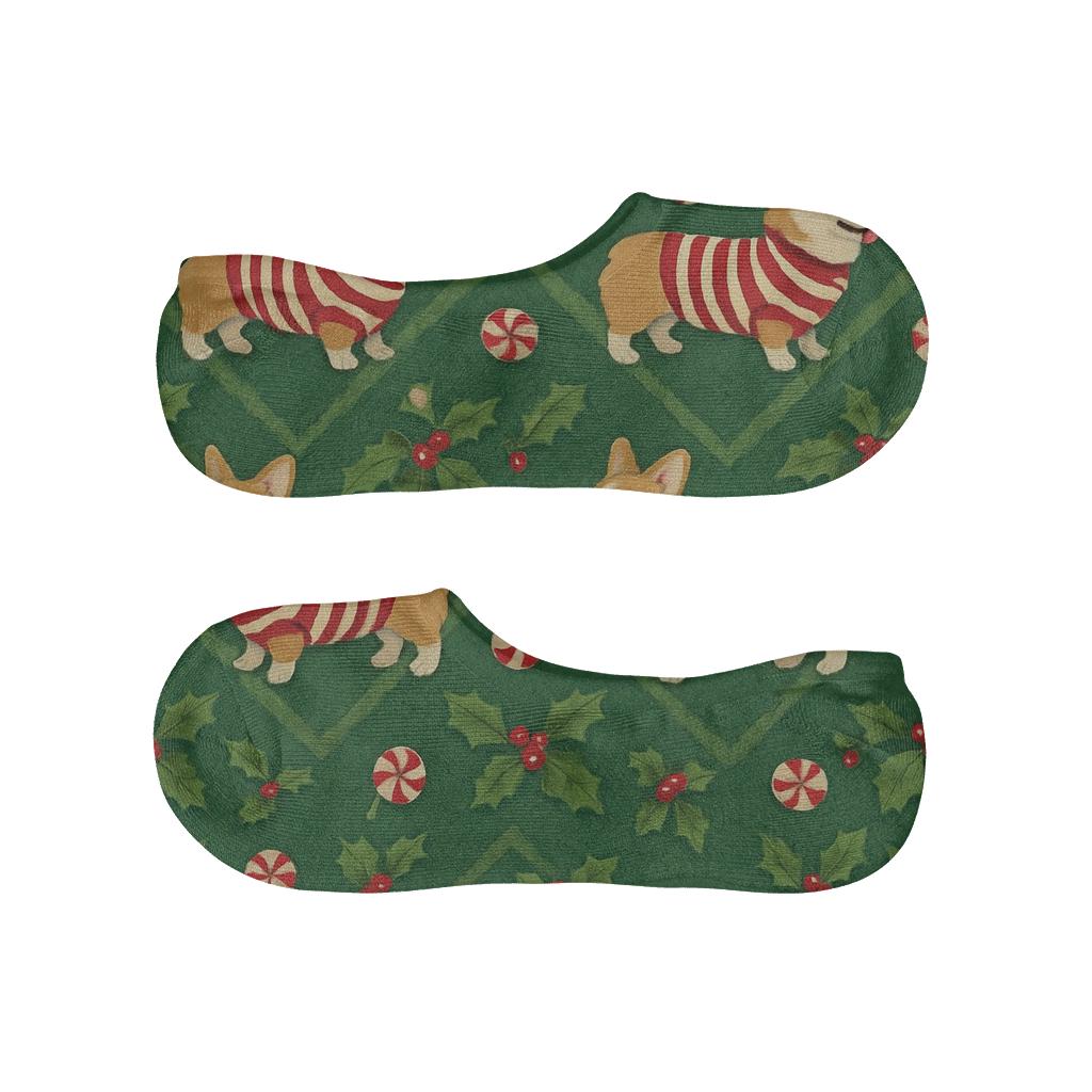 Candy Cane Corgi Chevron On Pine Green Background low cut no-show socks
