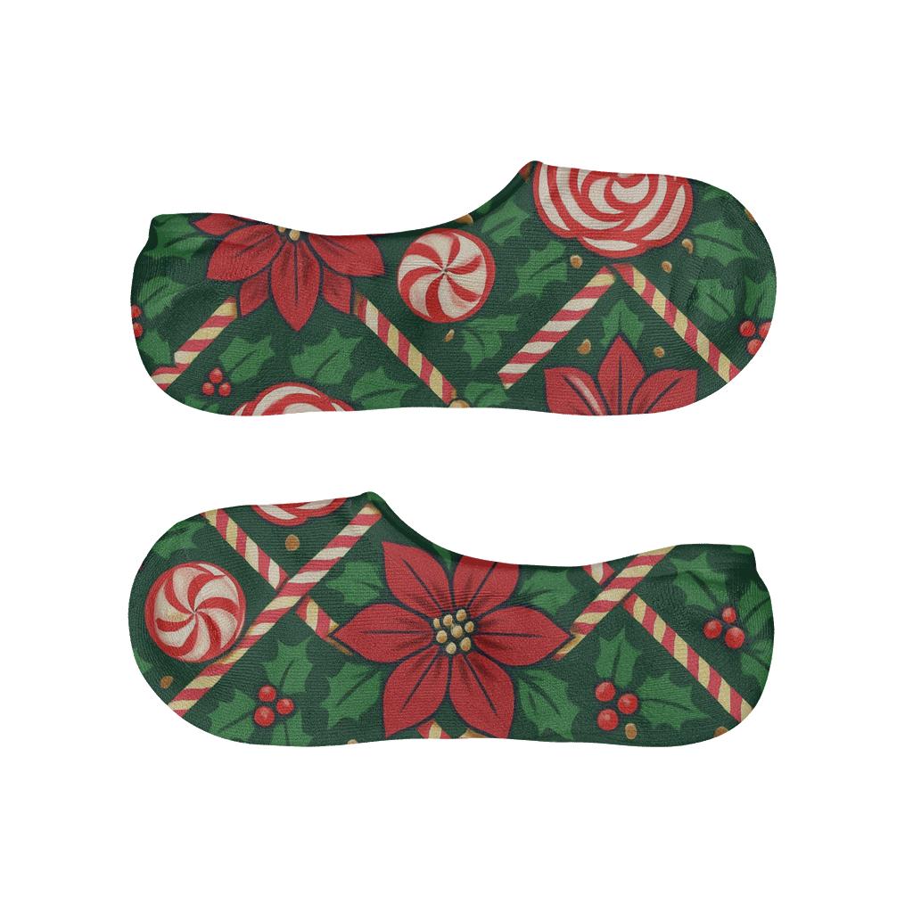 Candy Cane Poinsettia Lattice On Pine Green Background anti-slip no-show socks