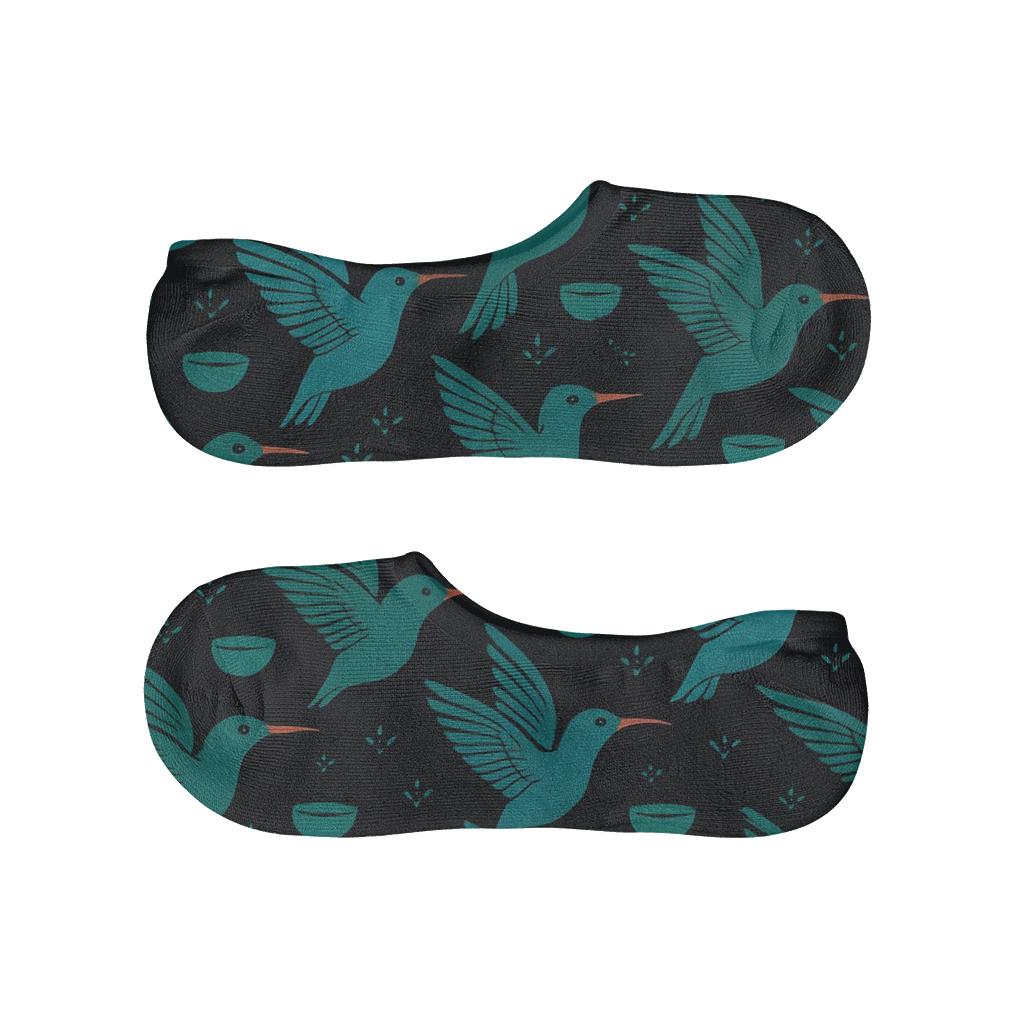 Teal Hummingbird Wing Lattice On Midnight Black Background anti-slip no-show socks