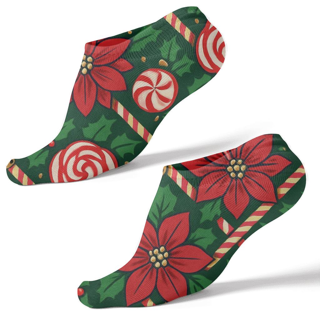 Candy Cane Poinsettia Lattice On Pine Green Background comfortable cotton ankle socks